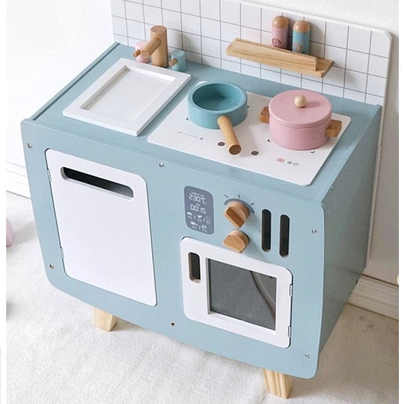 Drewniana kuchnia Retro z akcesoriami niebieska dla dziecka 2
