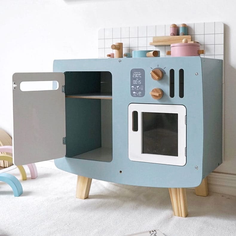 Drewniana kuchnia Retro z akcesoriami niebieska dla dziecka 3