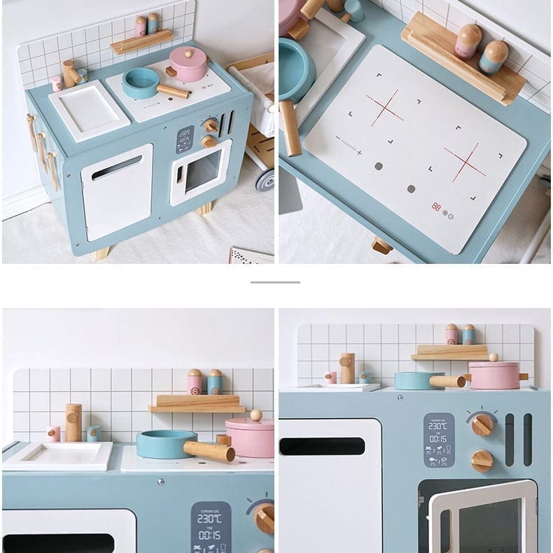 Drewniana kuchnia Retro z akcesoriami niebieska dla dziecka 5