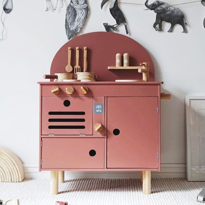 Drewniana kuchnia Retro z akcesoriami różowa dla dziecka 11