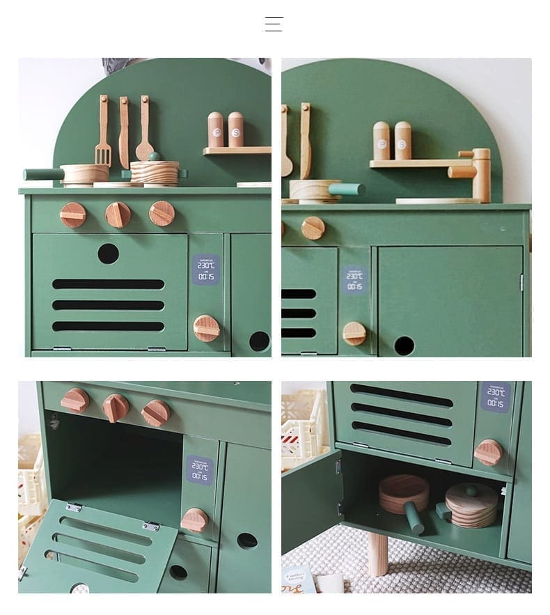 Drewniana kuchnia Retro z akcesoriami zielona dla dziecka 4