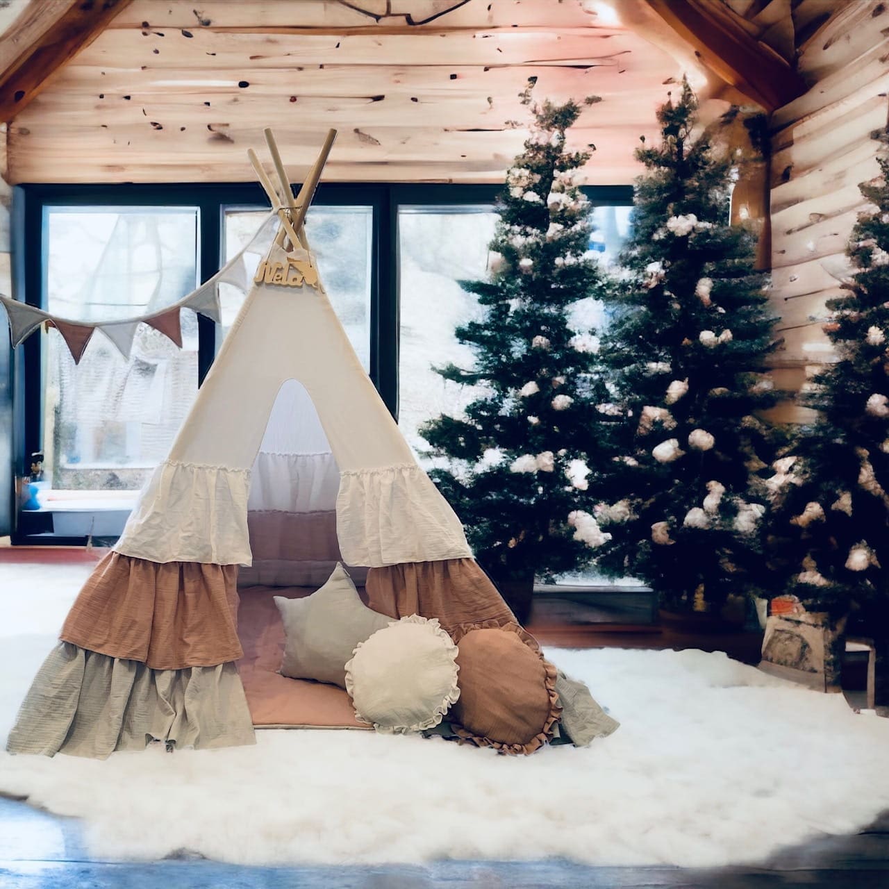 Namiot Tipi z Pudrowymi Falbanami z muślinu do zabawy dla dziecka 6