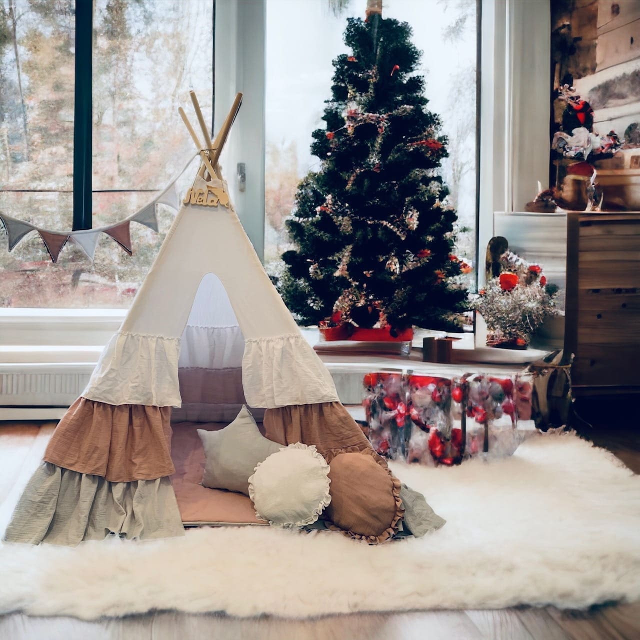 Namiot Tipi z Pudrowymi Falbanami z muślinu do zabawy dla dziecka 7